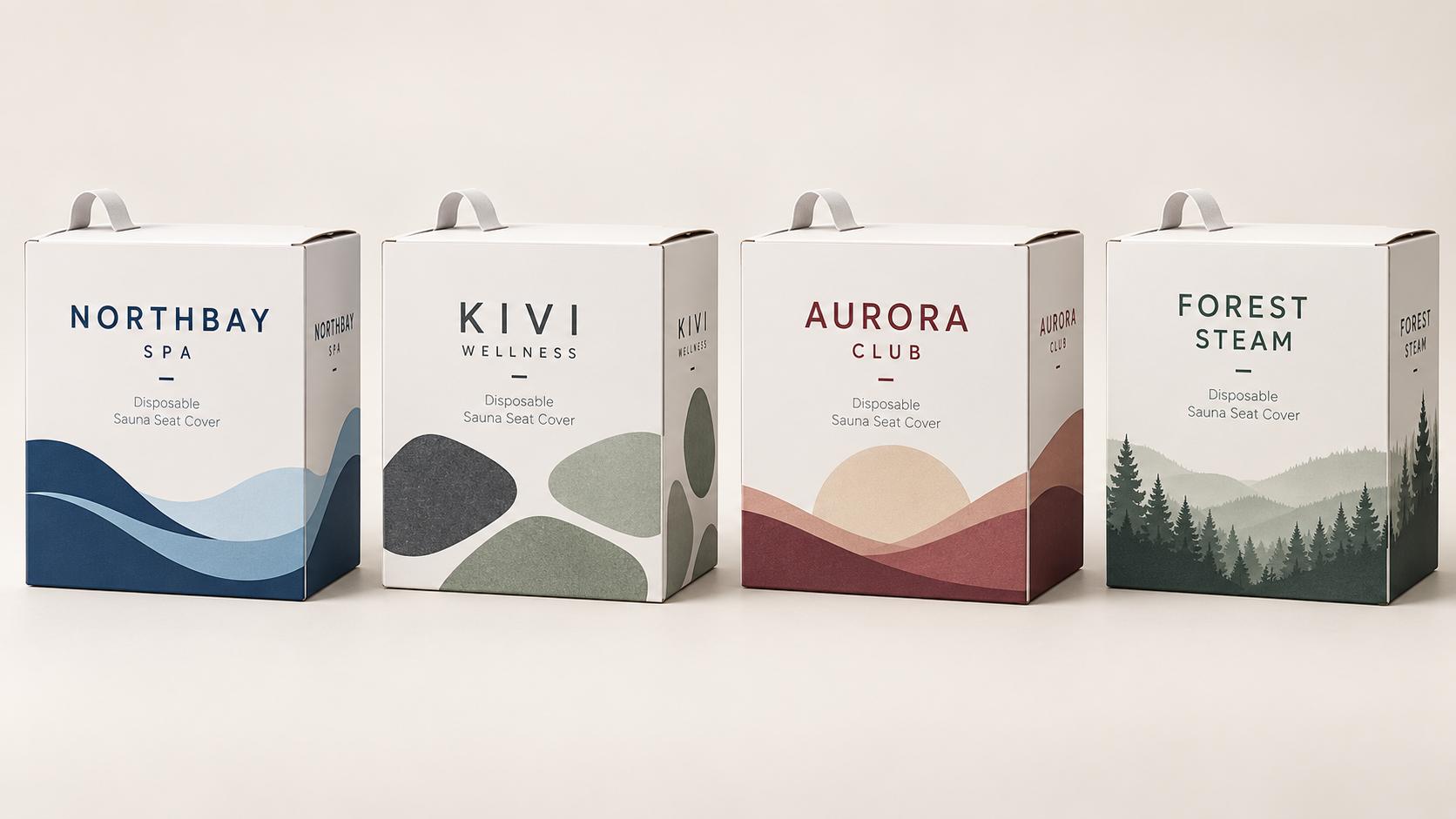 Four fictional private-label sauna seat cover packaging concepts